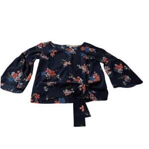MICHAEL KORS Blouse Top S Navy Blue Floral Bell Sleeves Hip‎ Tie Cottage Career